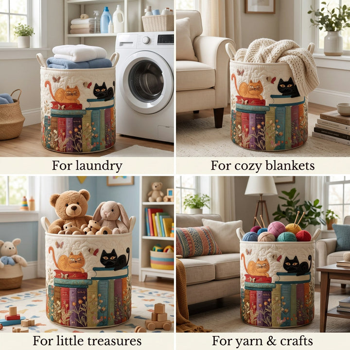 Quilted Cat Pattern Laundry Basket, Foldable Fabric Hamper with Handles 2