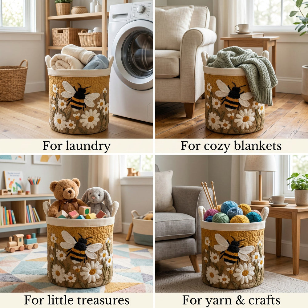 Quilted Daisy and Bee Laundry Basket with Canvas Handles, Self-Standing 2