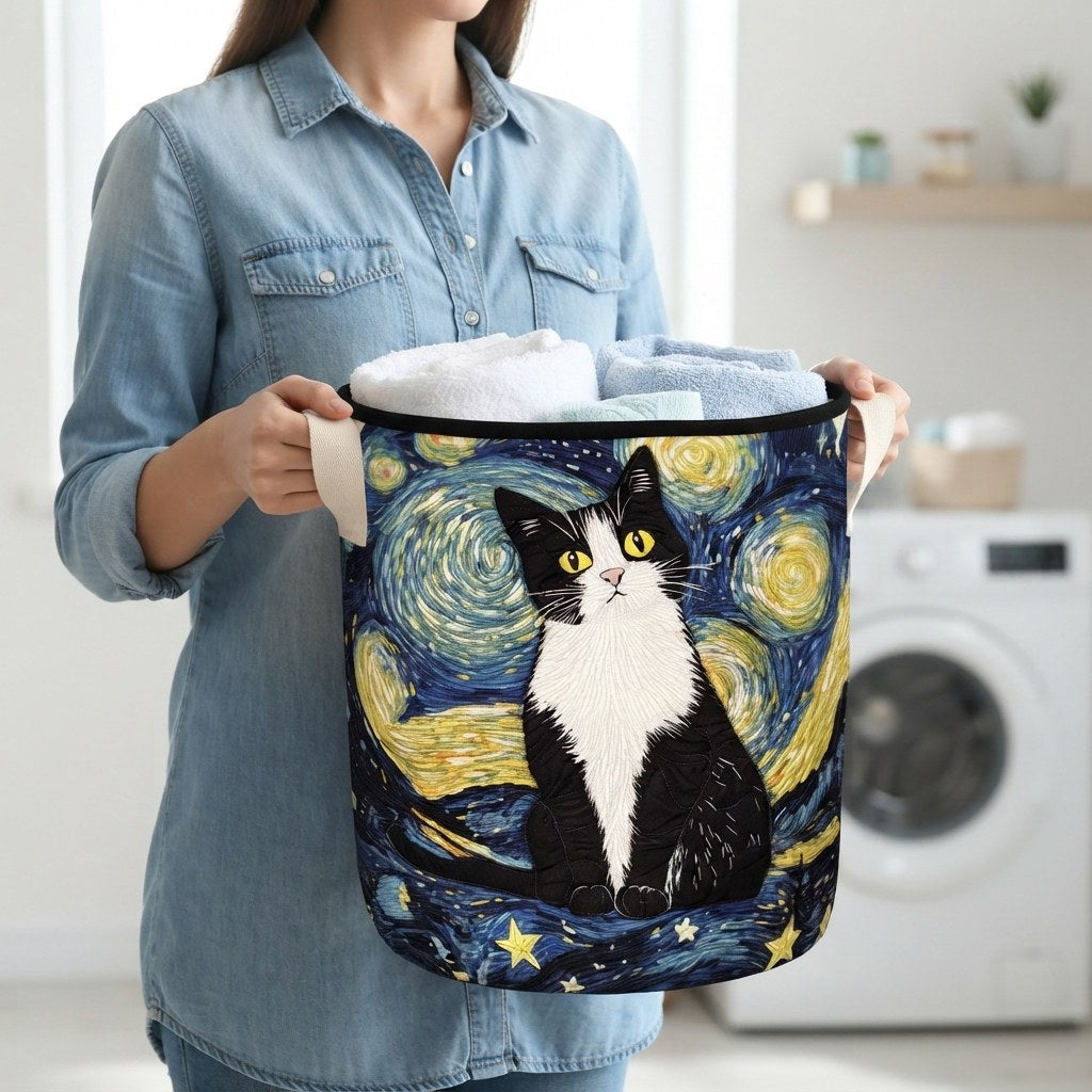 Quilted Cat-Design Laundry Basket, Self-Standing and Foldable 3