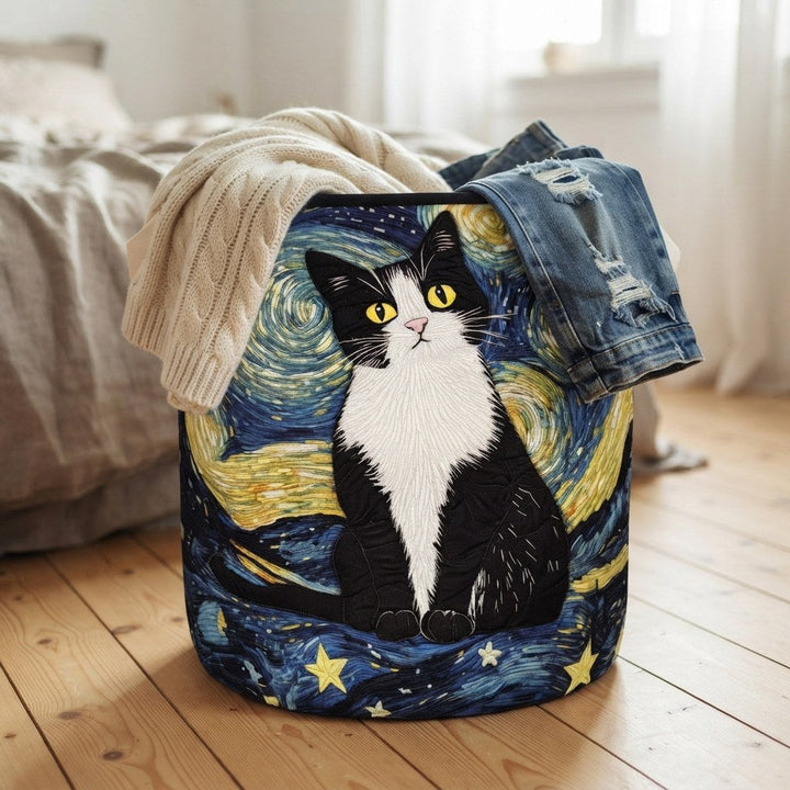 Quilted Cat-Design Laundry Basket, Self-Standing and Foldable 4