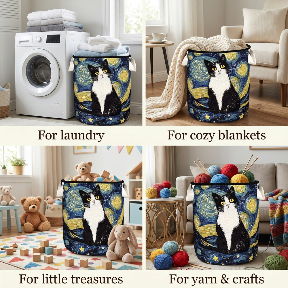 Quilted Cat-Design Laundry Basket, Self-Standing and Foldable 2