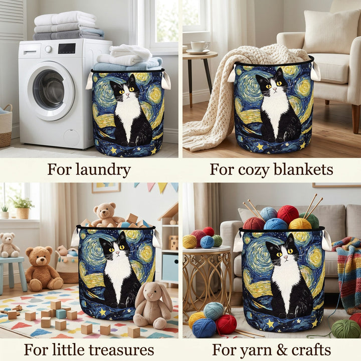 Quilted Cat-Design Laundry Basket, Self-Standing and Foldable 2