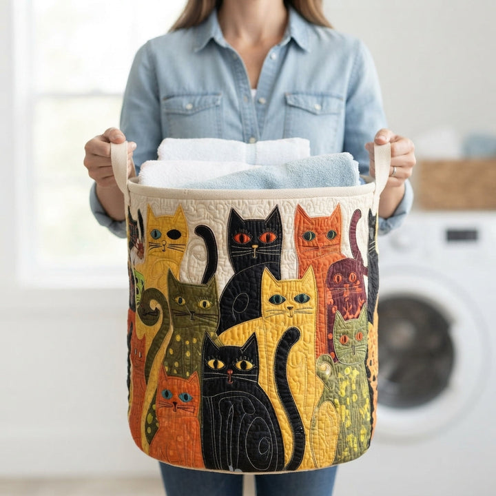 Quilted Cat Folk Art Laundry Basket, Foldable Self-Standing Hamper with Handles 3