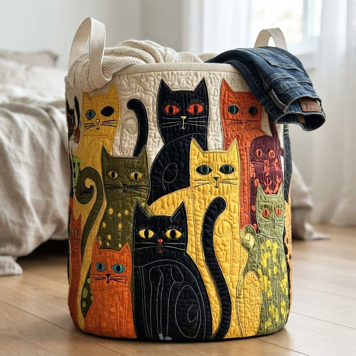 Quilted Cat Folk Art Laundry Basket, Foldable Self-Standing Hamper with Handles 4