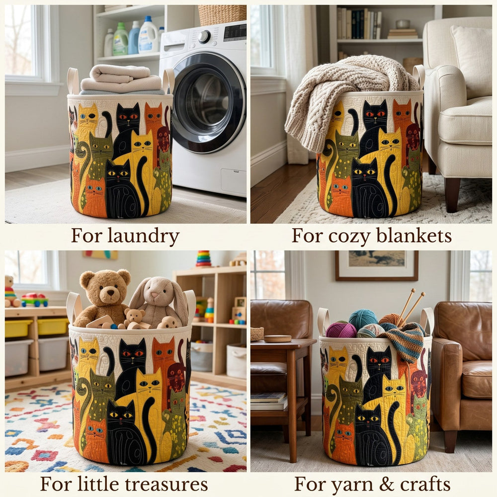 Quilted Cat Folk Art Laundry Basket, Foldable Self-Standing Hamper with Handles 2