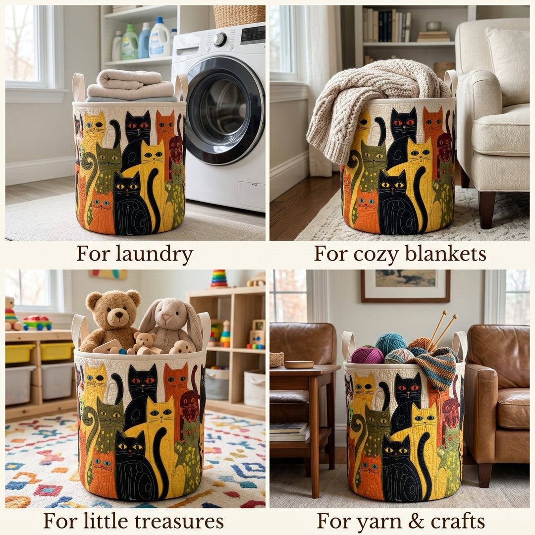 Quilted Cat Folk Art Laundry Basket, Foldable Self-Standing Hamper with Handles 2