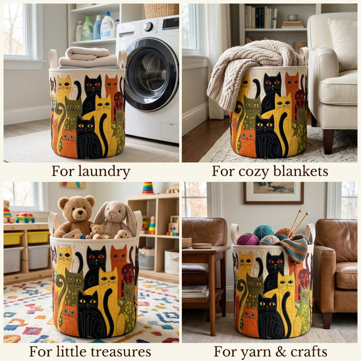 Quilted Cat Folk Art Laundry Basket, Foldable Self-Standing Hamper with Handles 2