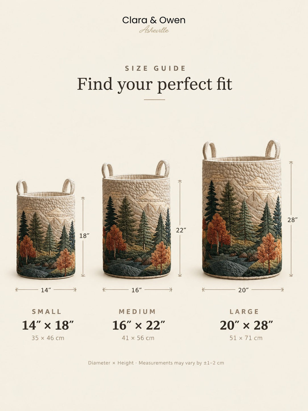 Quilted Fabric Laundry Basket with Forest Prints, Self-Standing, 3 Sizes 14