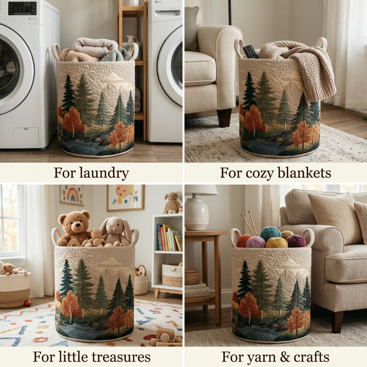 Quilted Fabric Laundry Basket with Forest Prints, Self-Standing, 3 Sizes 2