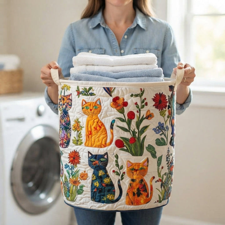Quilted Cat Garden Laundry Basket – Foldable Self-Standing Hamper with Handles 3