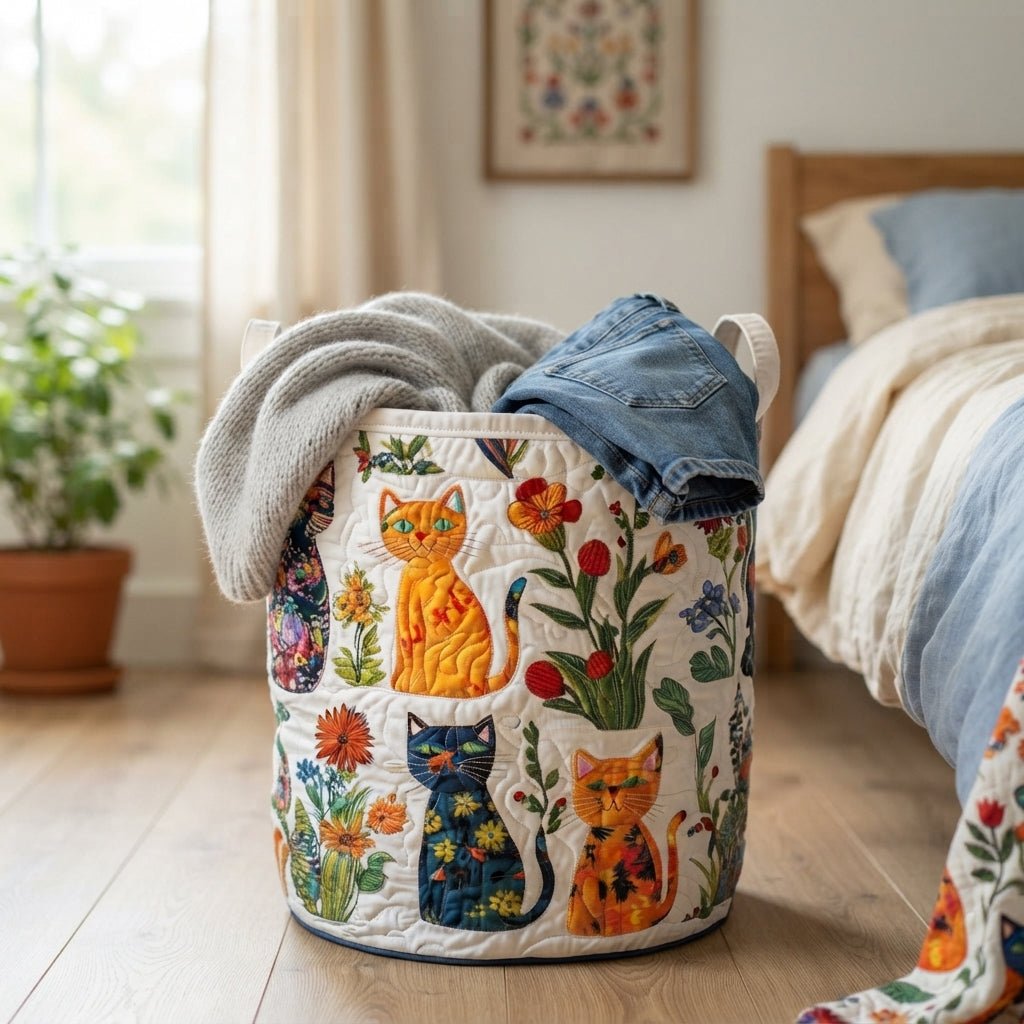 Quilted Cat Garden Laundry Basket – Foldable Self-Standing Hamper with Handles 4