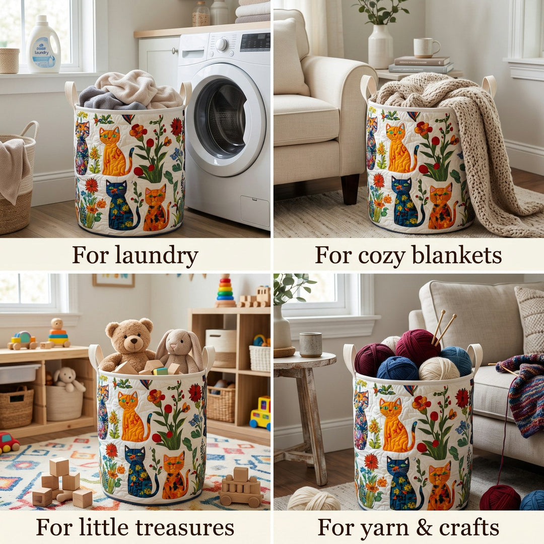 Quilted Cat Garden Laundry Basket – Foldable Self-Standing Hamper with Handles 2