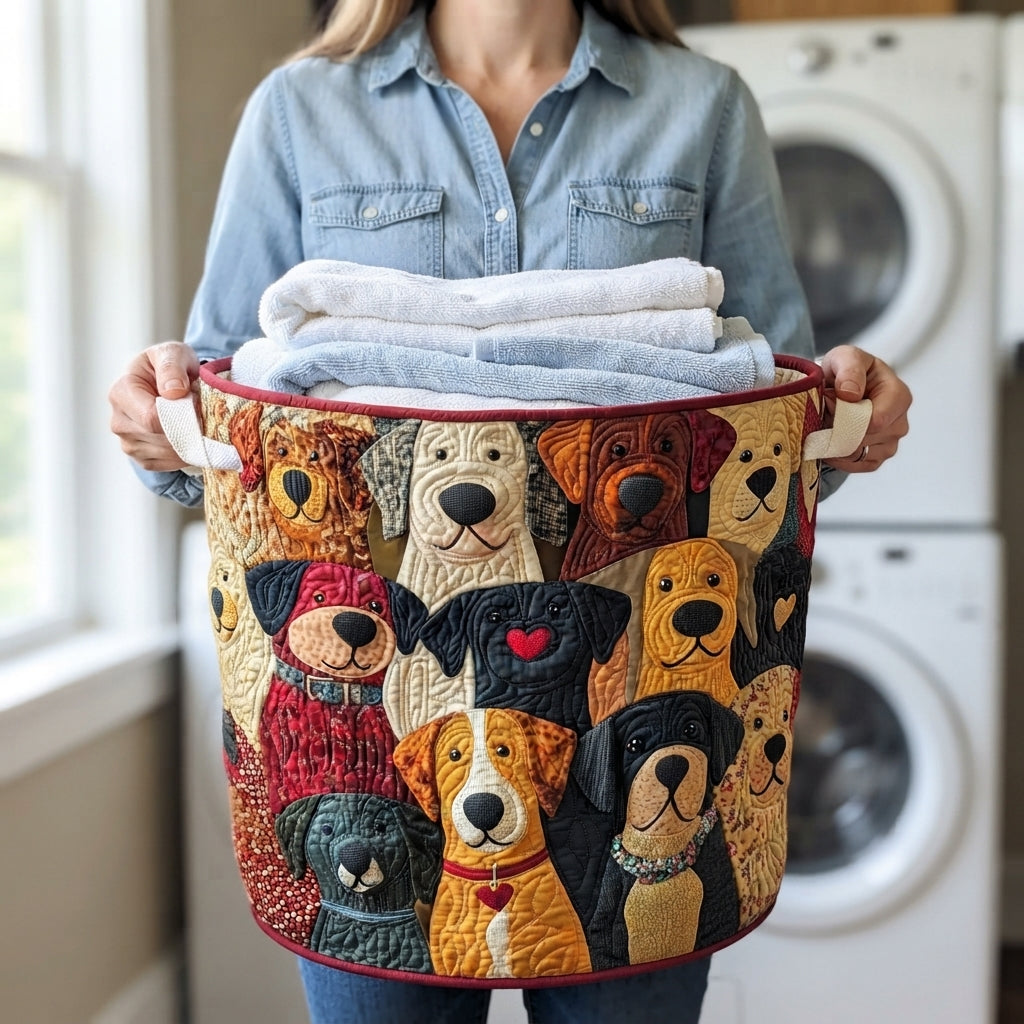Quilted Patchwork Puppy Laundry Basket, Foldable Self-Standing Hamper 3