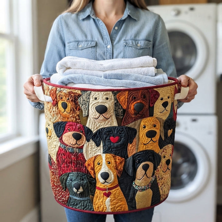 Quilted Patchwork Puppy Laundry Basket, Foldable Self-Standing Hamper 3