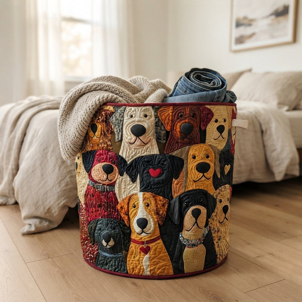 Quilted Patchwork Puppy Laundry Basket, Foldable Self-Standing Hamper 4