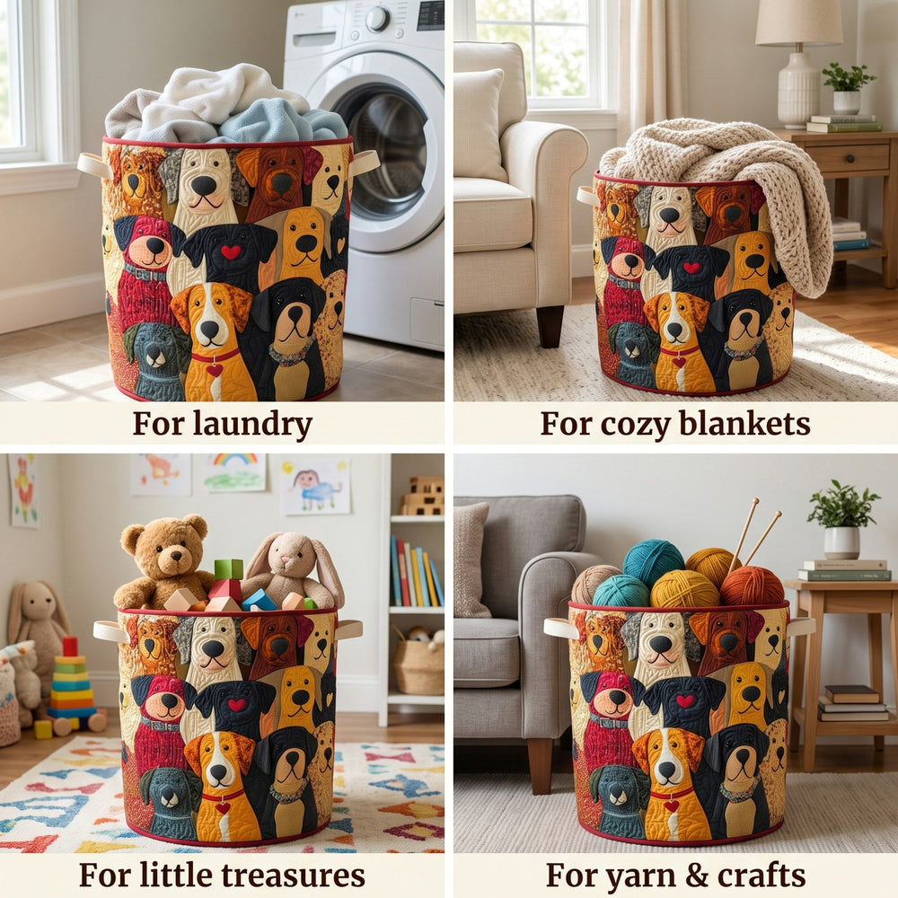 Quilted Patchwork Puppy Laundry Basket, Foldable Self-Standing Hamper 2