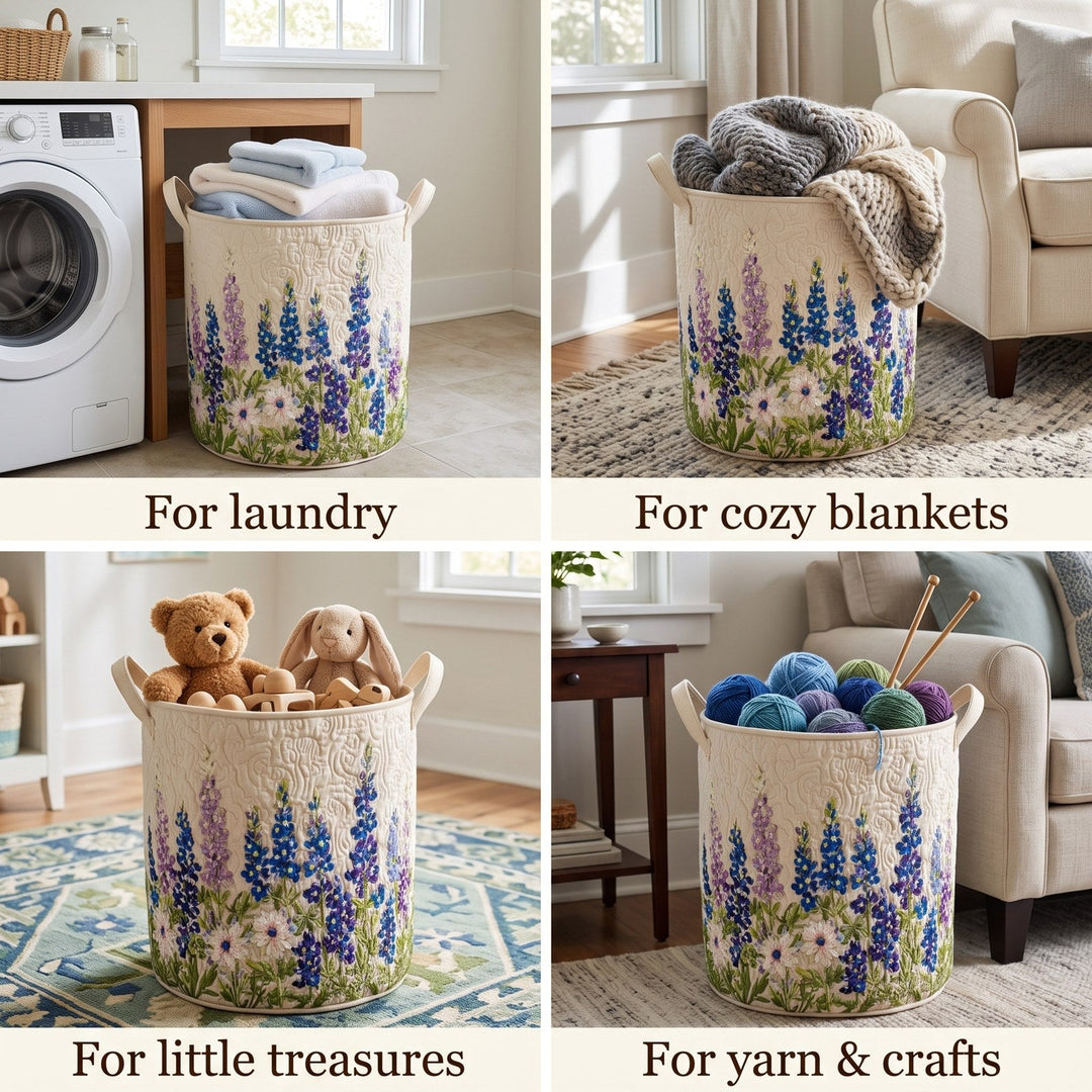 Quilted Wildflower Laundry Basket with Canvas Handles, Self-Standing and Foldable 2