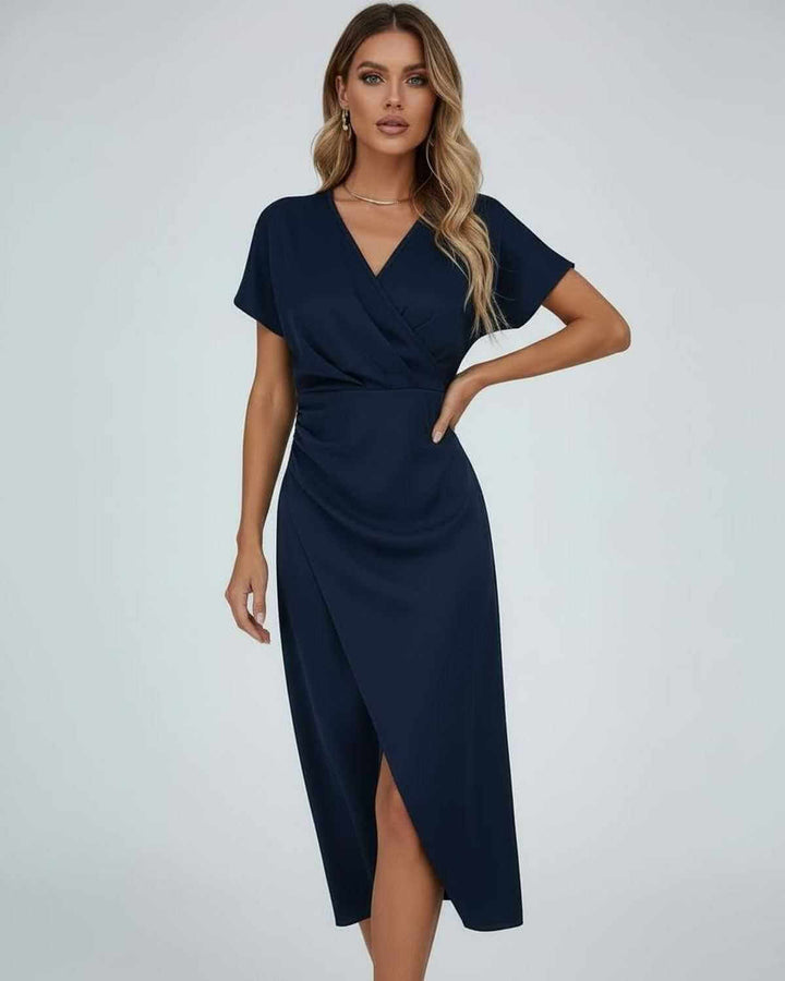 Women's Wrap Midi Dress with Draped Waist and Front Split 3