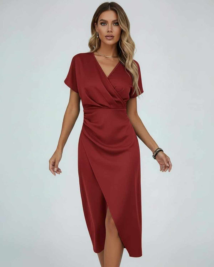Women's Wrap Midi Dress with Draped Waist and Front Split 4