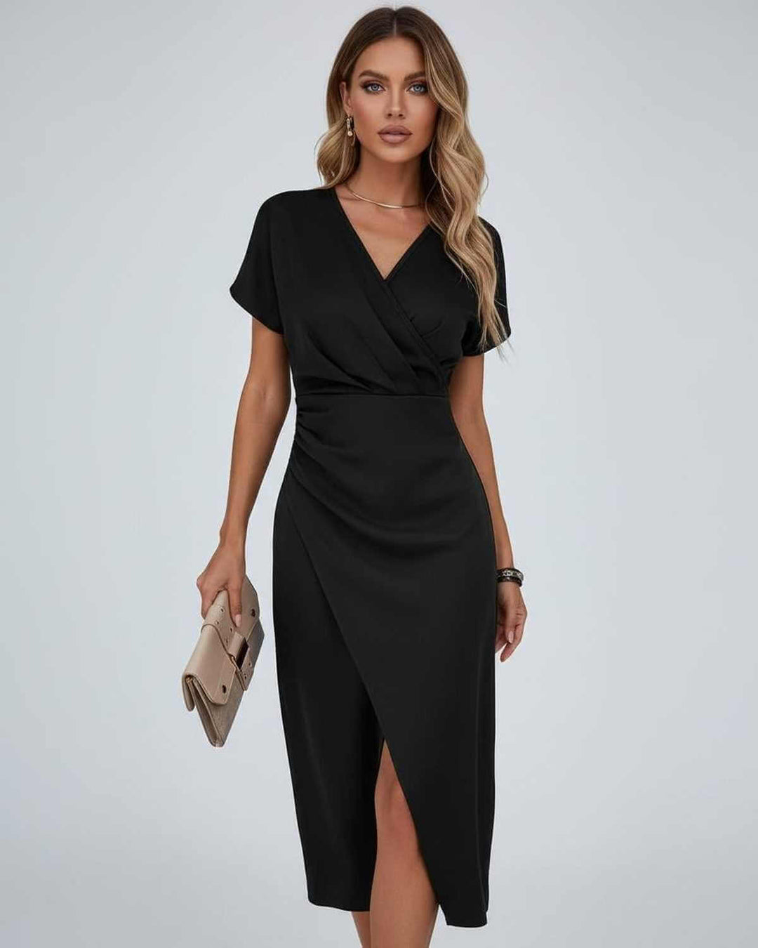 Women's Wrap Midi Dress with Draped Waist and Front Split 5