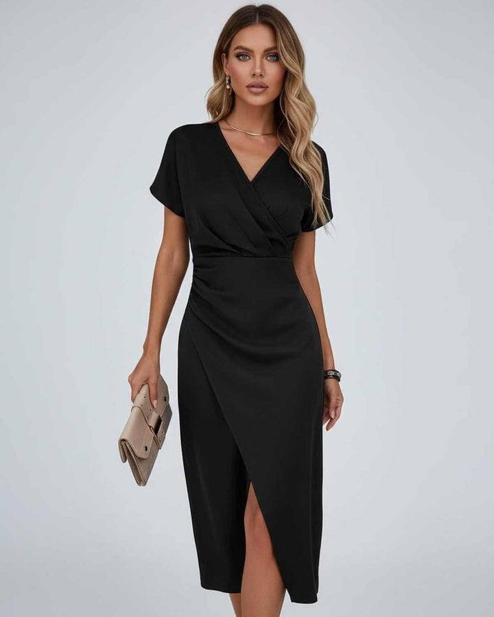 Women's Wrap Midi Dress with Draped Waist and Front Split 5