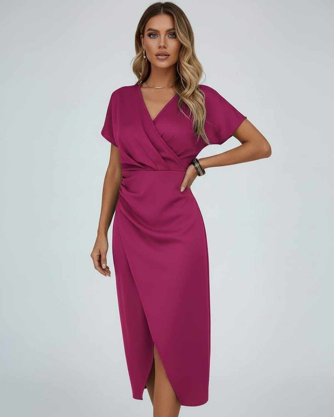 Women's Wrap Midi Dress with Draped Waist and Front Split 1