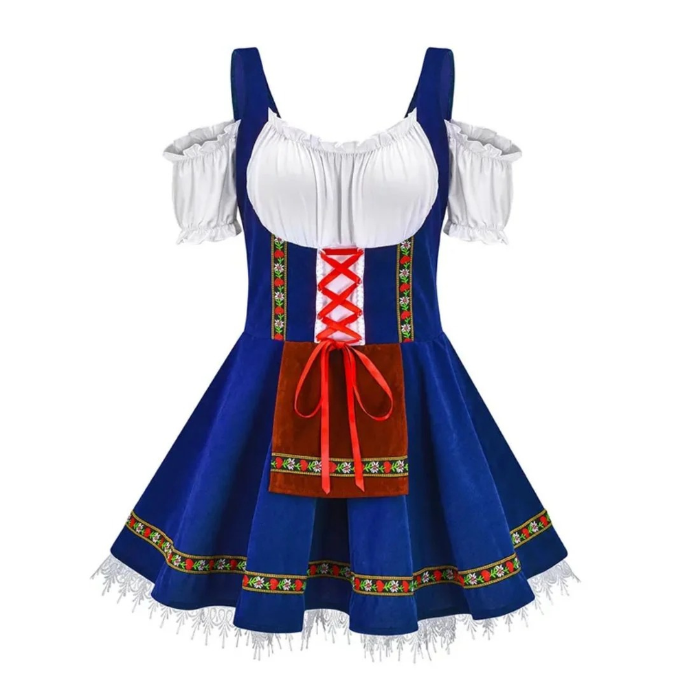 Women's Folk Dirndl Dress with Off-Shoulder Puff Sleeves and Front Apron 2