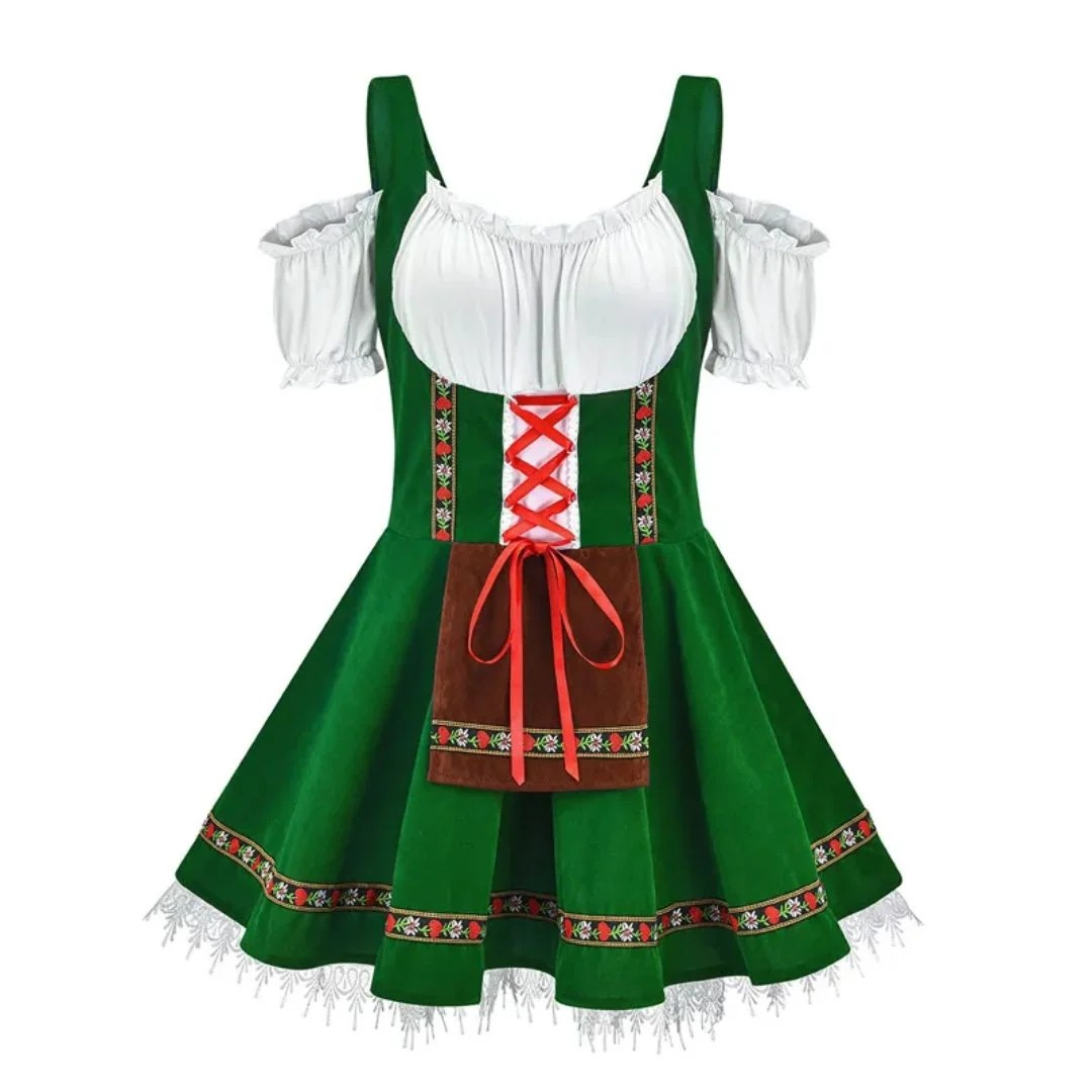 Women's Folk Dirndl Dress with Off-Shoulder Puff Sleeves and Front Apron 3
