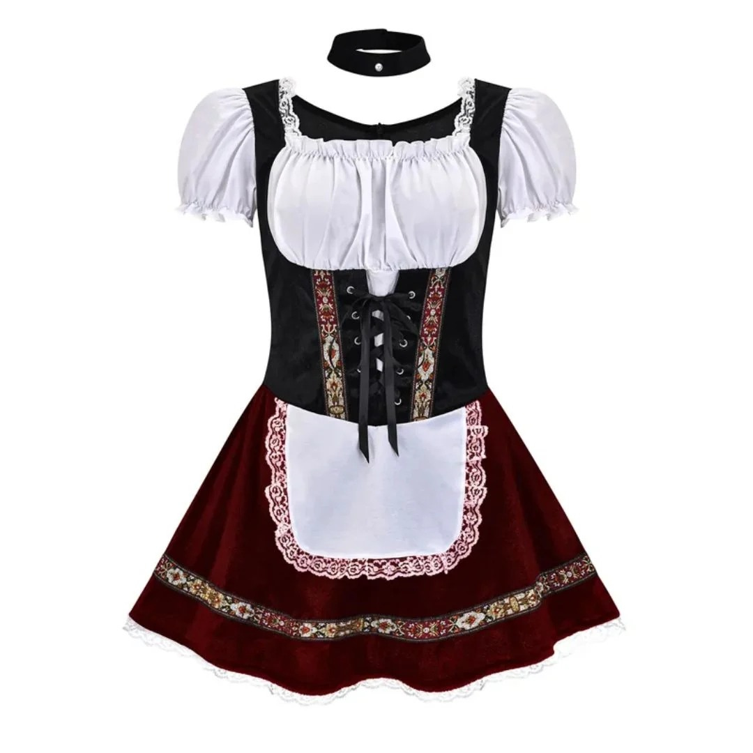 Women's Folk Dirndl Dress with Off-Shoulder Puff Sleeves and Front Apron 6