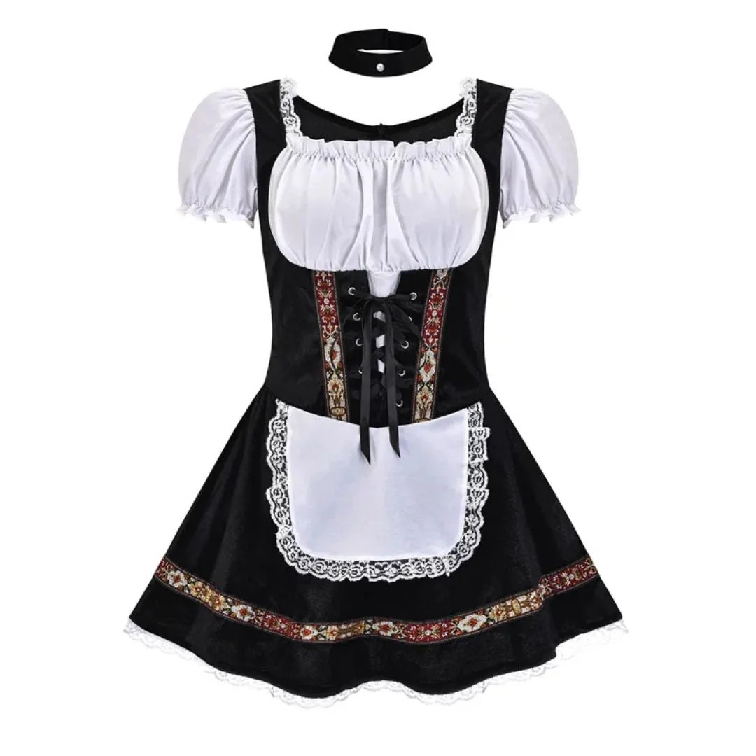 Women's Folk Dirndl Dress with Off-Shoulder Puff Sleeves and Front Apron 8