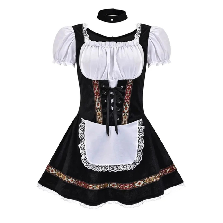 Women's Folk Dirndl Dress with Off-Shoulder Puff Sleeves and Front Apron 8