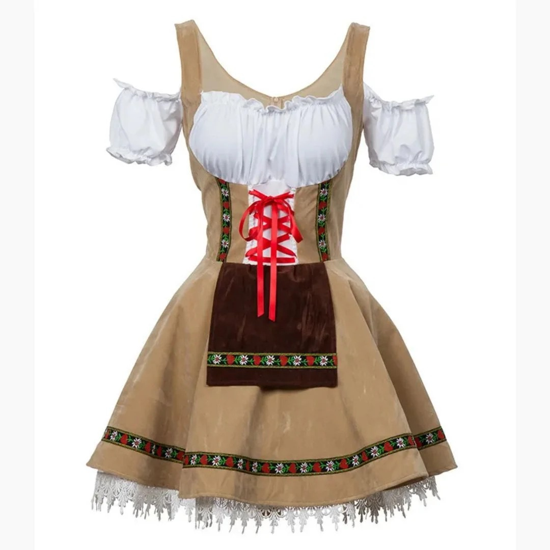 Women's Folk Dirndl Dress with Off-Shoulder Puff Sleeves and Front Apron 1