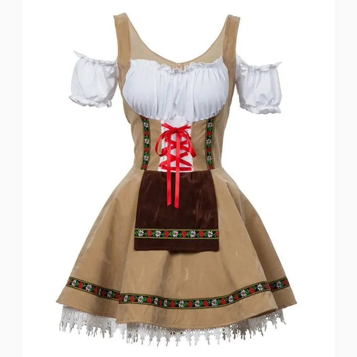 Women's Folk Dirndl Dress with Off-Shoulder Puff Sleeves and Front Apron 1