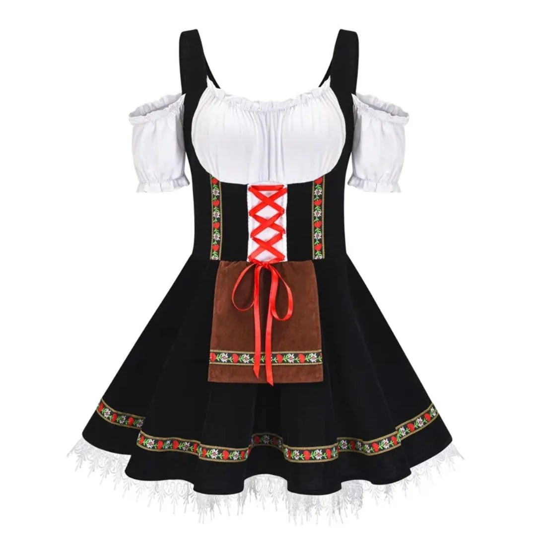 Women's Folk Dirndl Dress with Off-Shoulder Puff Sleeves and Front Apron 5
