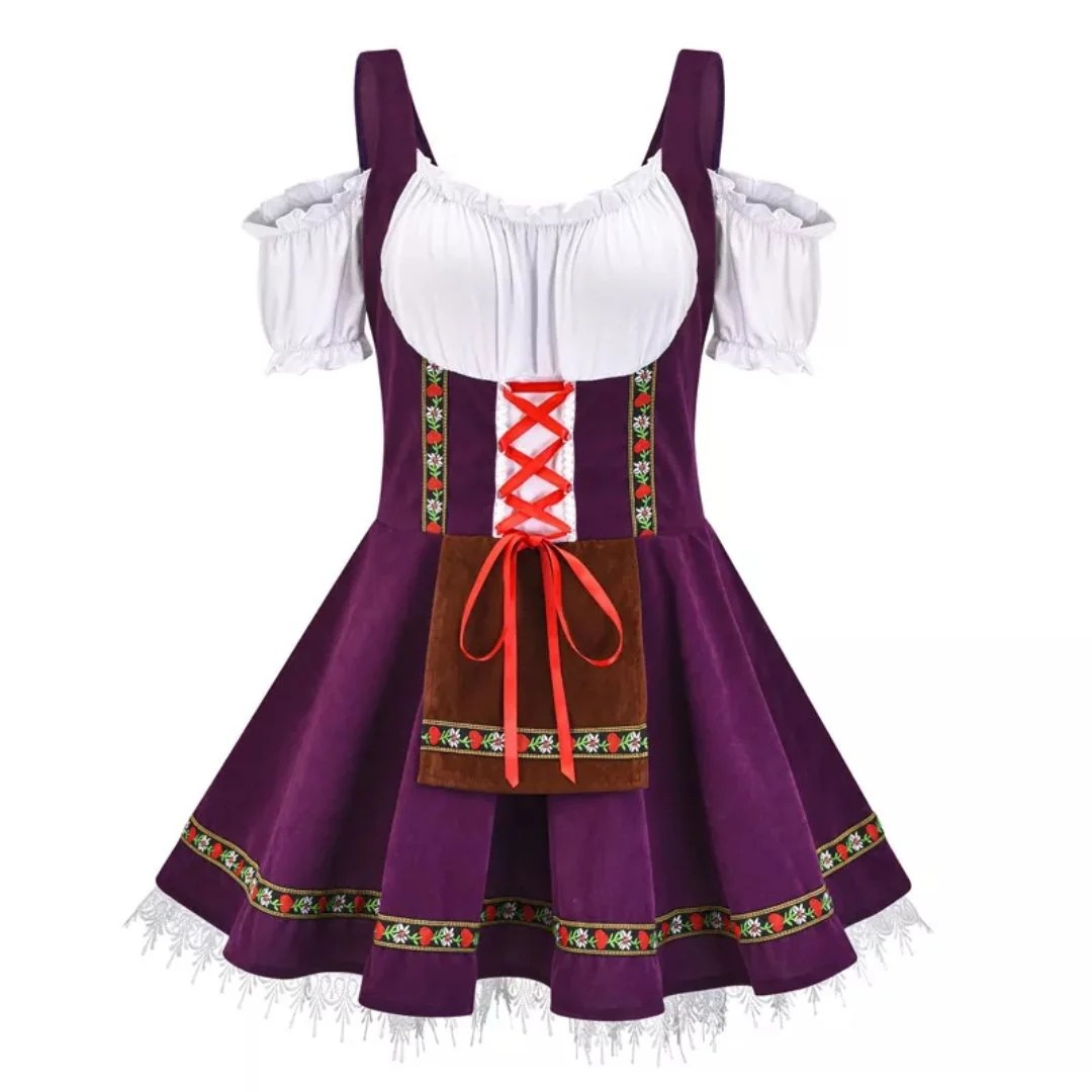 Women's Folk Dirndl Dress with Off-Shoulder Puff Sleeves and Front Apron 4