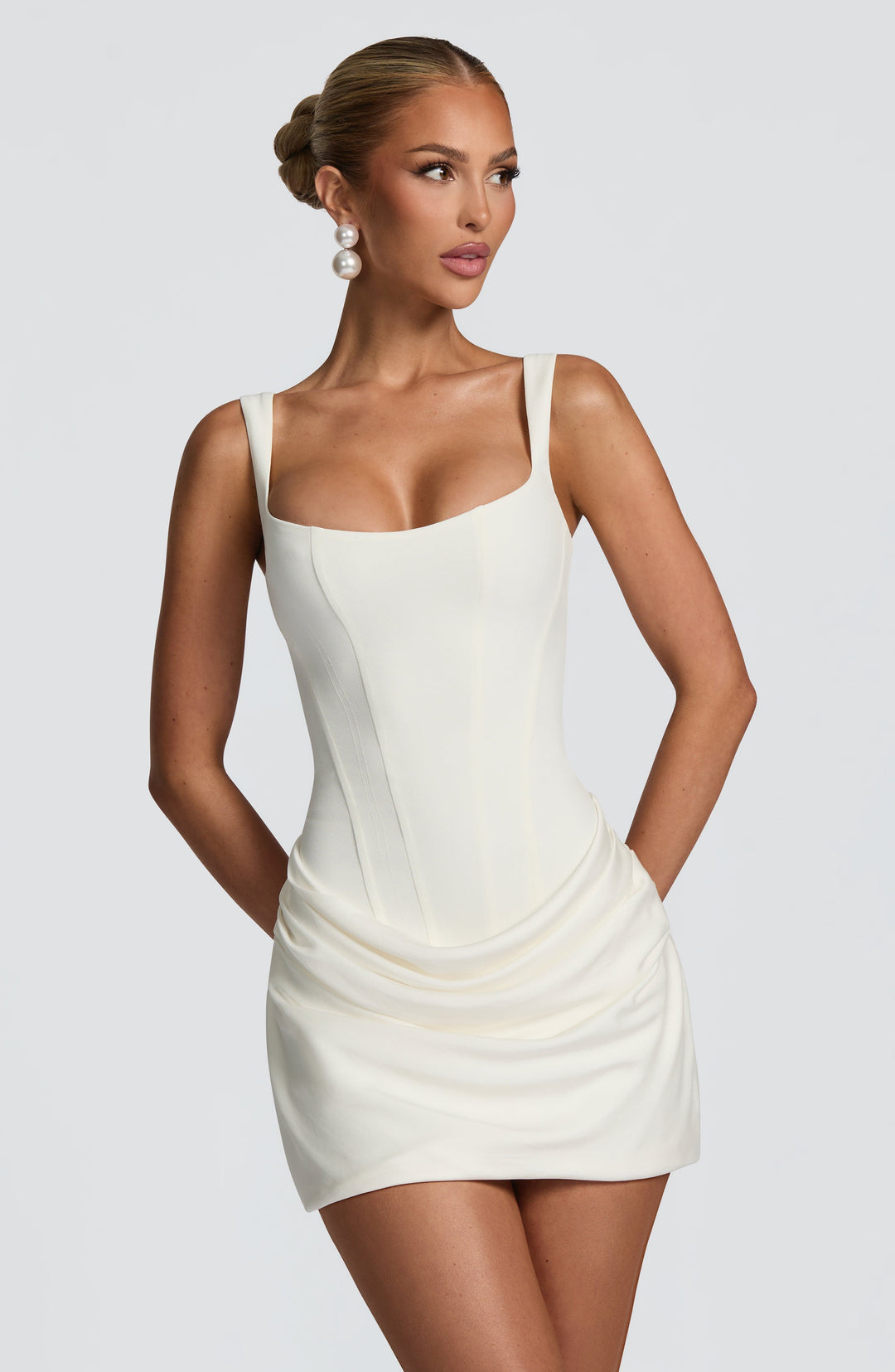 Square Neck Ruched Bodycon Mini Dress in Stretch Fabric 5