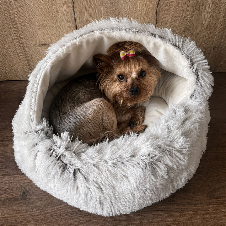 Fluffy Dog Bed with Hood, Plush Donut Cave Bed for Dogs and Cats 9