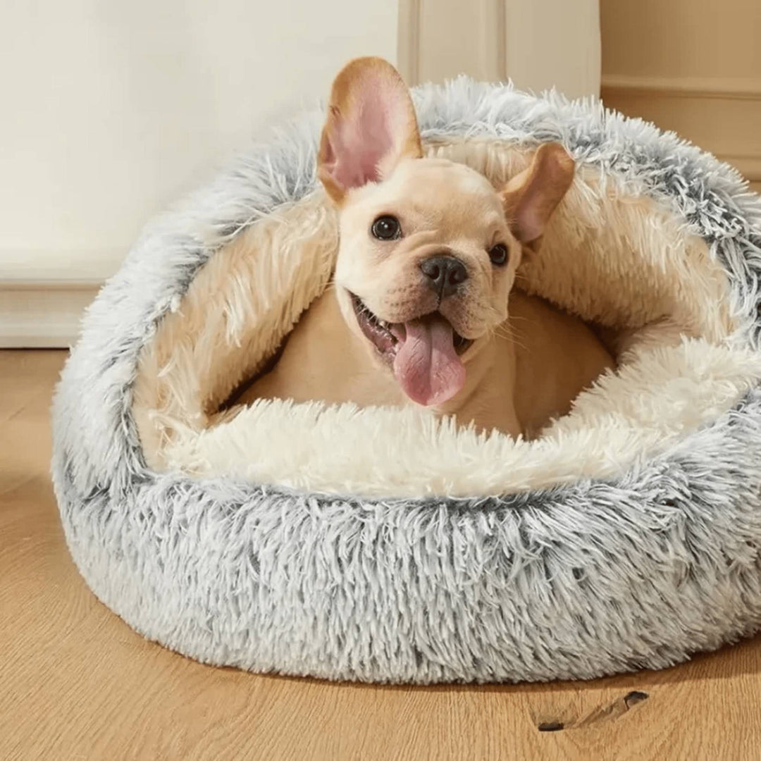 Fluffy Dog Bed with Hood, Plush Donut Cave Bed for Dogs and Cats 1