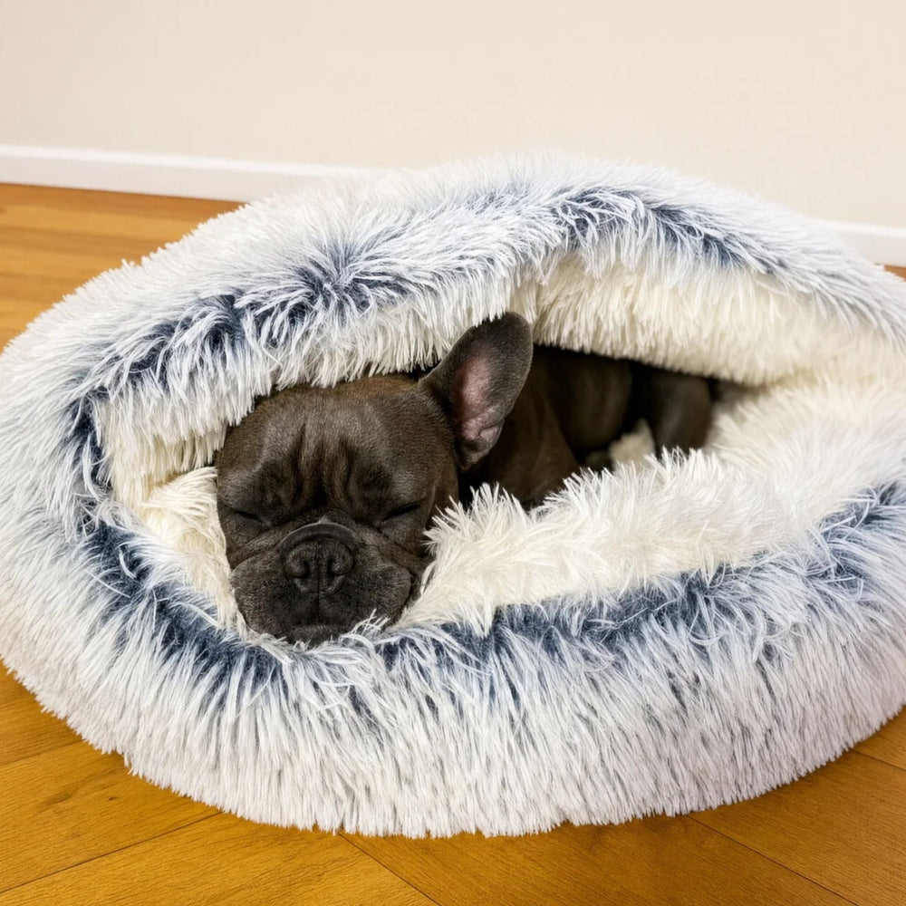Fluffy Dog Bed with Hood, Plush Donut Cave Bed for Dogs and Cats 2
