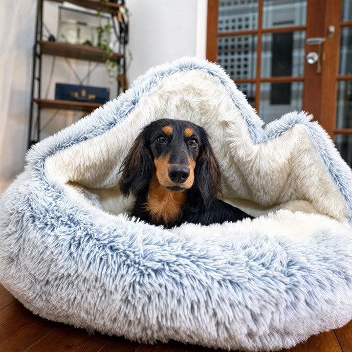 Fluffy Dog Bed with Hood, Plush Donut Cave Bed for Dogs and Cats 3