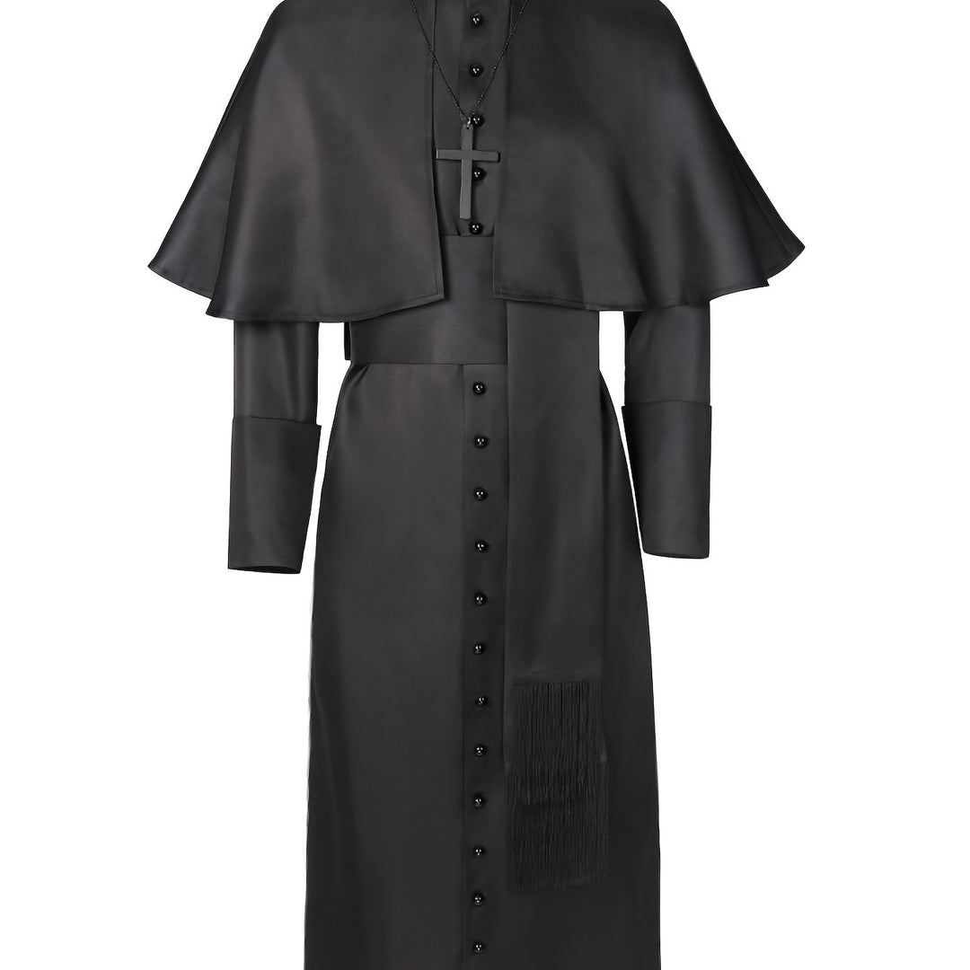Men's Halloween Priest Costume with Long Robe, Cape and Cross 6