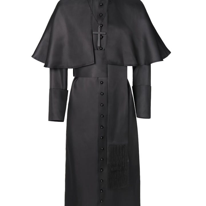 Men's Halloween Priest Costume with Long Robe, Cape and Cross 6