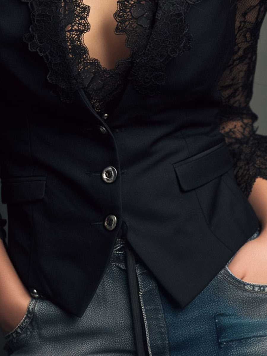 Black Blazer with Sheer Sleeves, Structured Layering Jacket 18