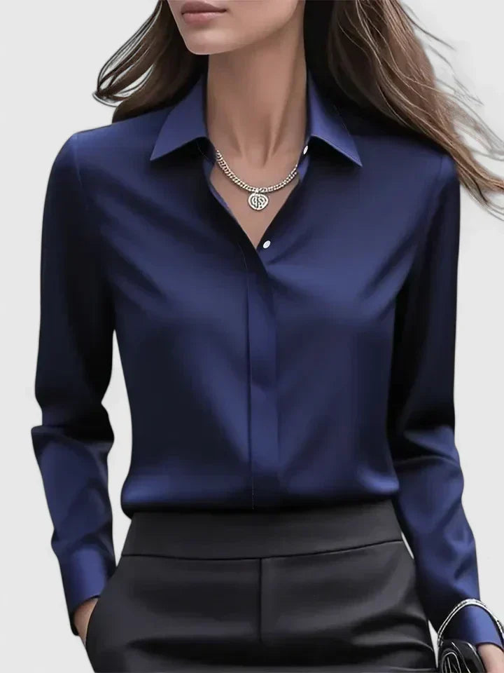 Women's Satin Long Sleeve Blouse - Polished Office Shirt 1