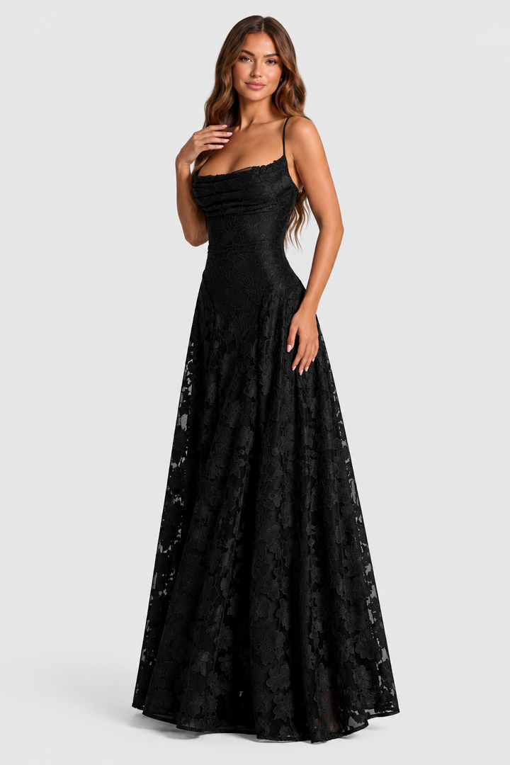 Raised 3D Floral Lace A-Line Midi-Maxi Dress with Draped Neckline 11
