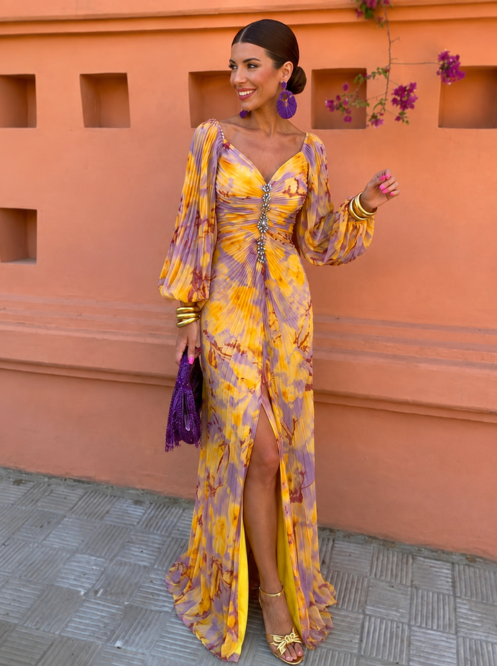 Women's Floral Maxi Dress with Off-Shoulder Neckline and Pleated Skirt 1