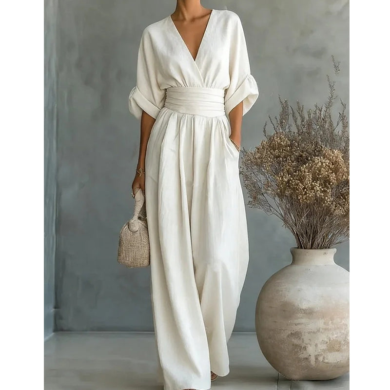 Women's Elegant Wide-Leg Jumpsuit with V-Neck Flowy Fit 1