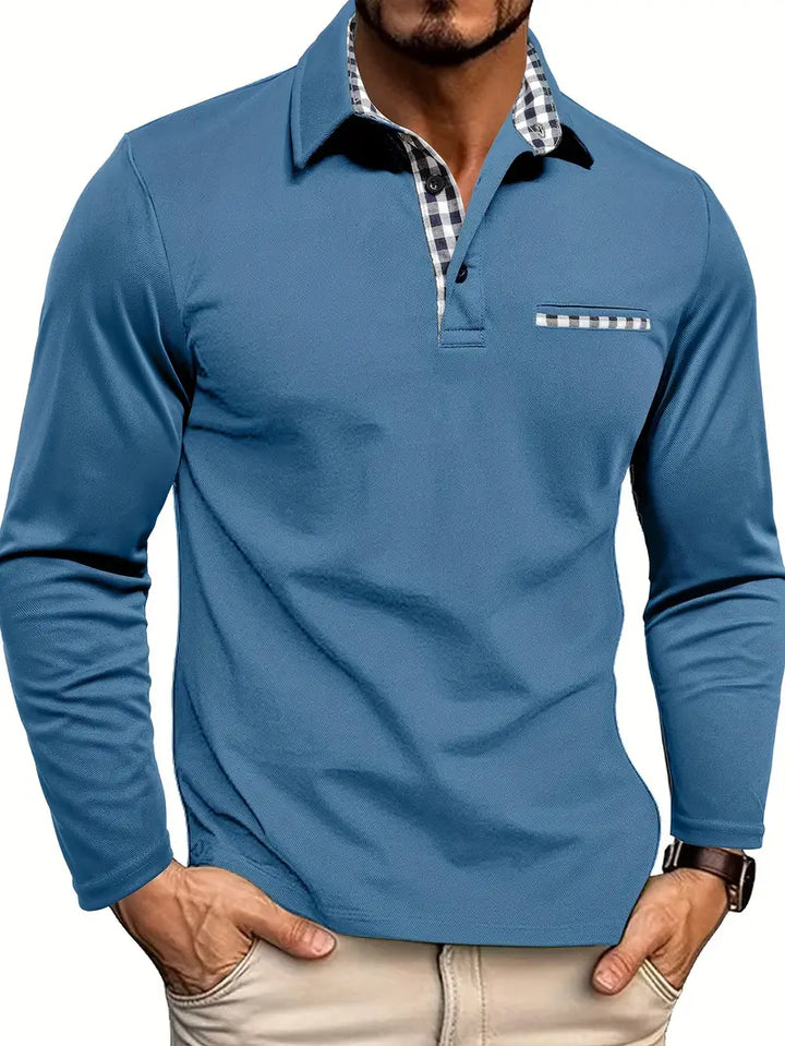 Men's Elegant Long Sleeve Polo Shirt with Subtle Plaid Details 4