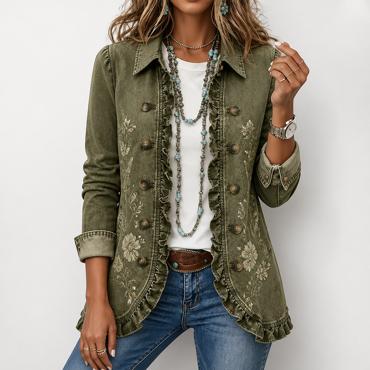 Floral Embroidered Utility Jacket - Vintage Boho Style with Ruffle Trim 5