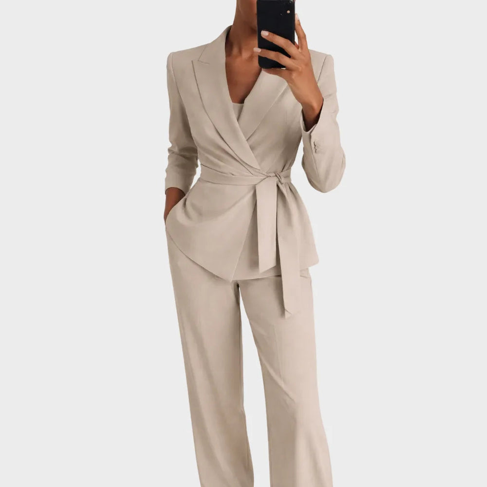 Women's Matching Blazer and Pants Set with Wrap Front and Tie Belt 2